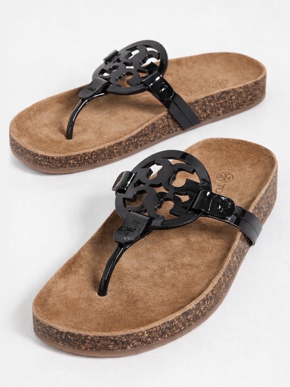 TORY BURCH Miller Cloud Patent Leather Cork Sandals Black 6.5